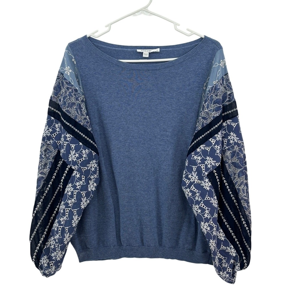 Chico's Sweater Women Size 1 Medium Blue Lace Embroidered Boho Chic